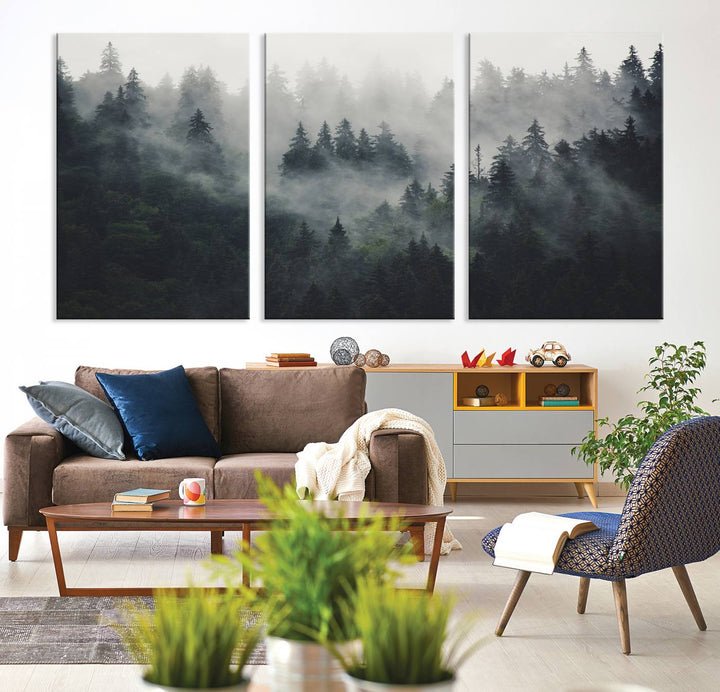 The Serene Triptych Print features tall evergreens, creating a mysterious and calming atmosphere.