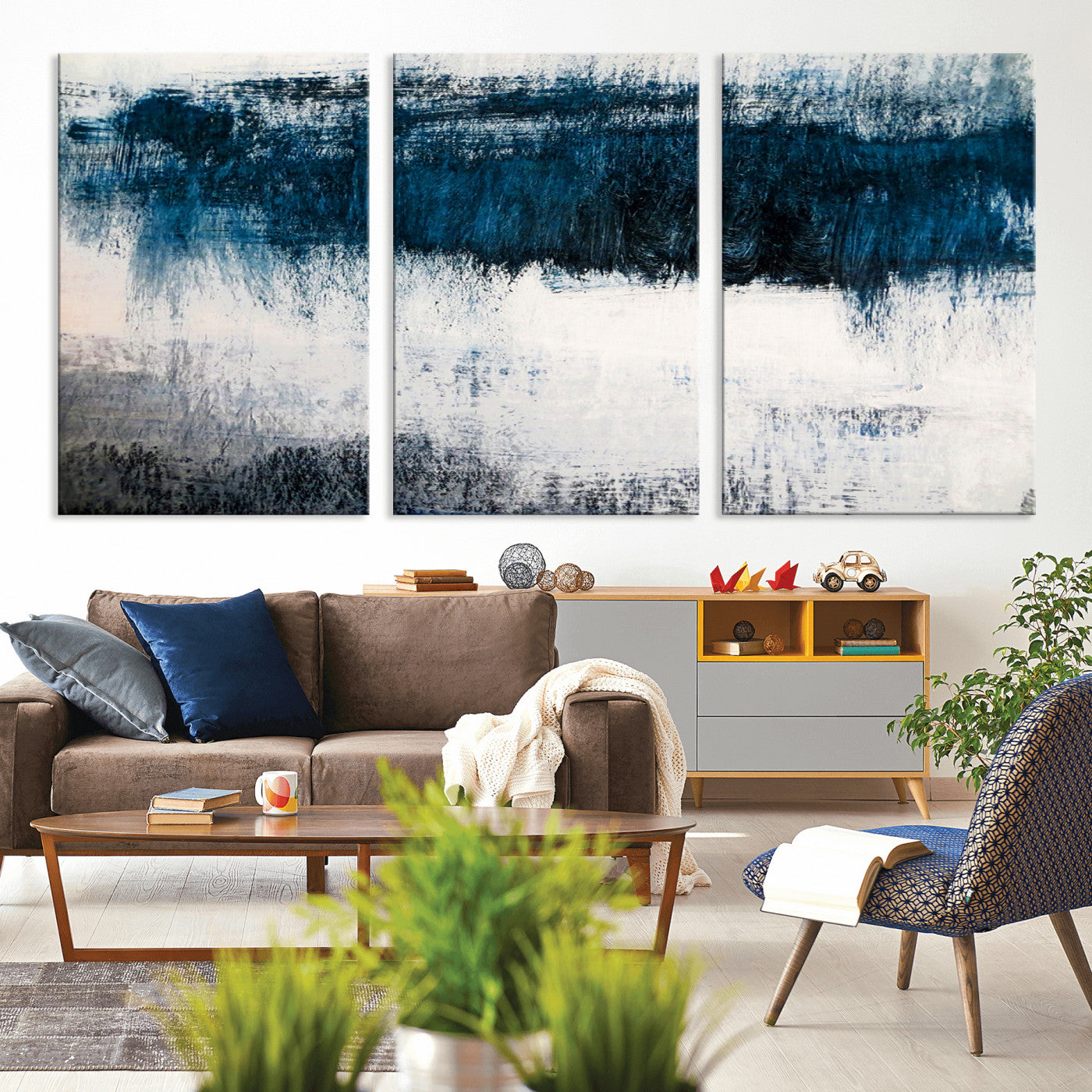 38954-MGV-CV-36X24-Abstract Blue and White Canvas Art | Large Wall Art for Modern Living Room Decor | Minimalist Brushstroke Painting on Canvas