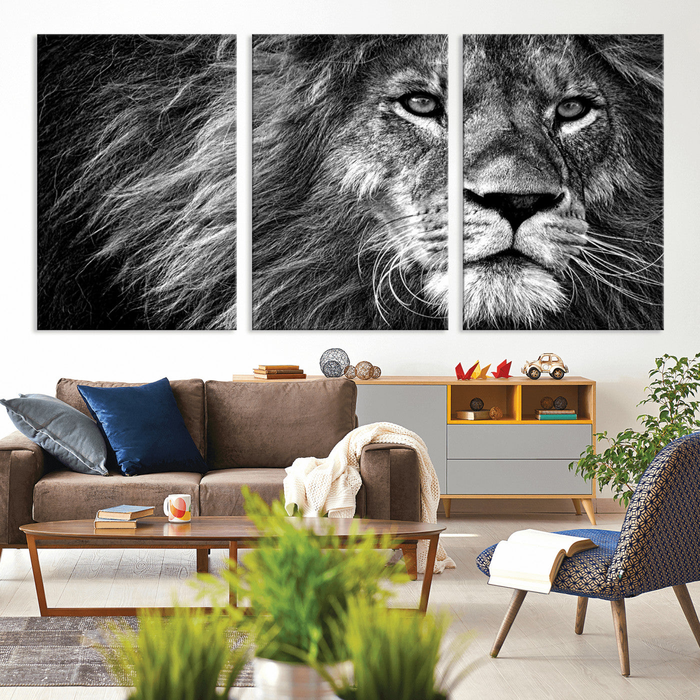 MGV-CV-60X30-3P - Black and White Lion Canvas Wall Art Print