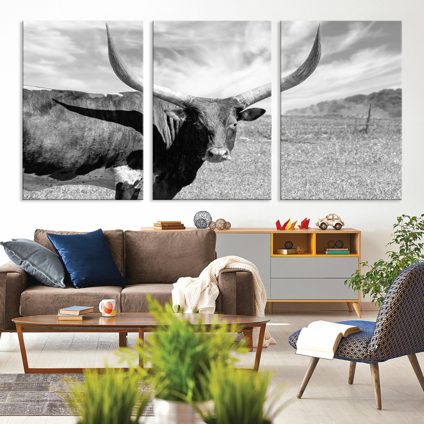 MGV-CV-60X30-3P - Cattle Wall Art Longhorn Cow Canvas Print