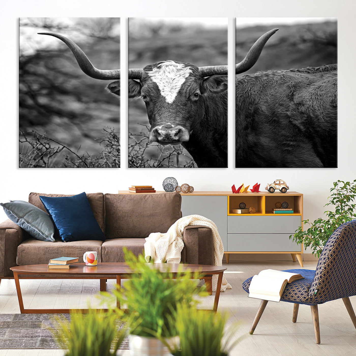76200-MGV-CV-36X24-Western Home Wall Art Canvas Print, Framed Texas Longhorn Art Picture Print, Rustic Cow Perfect Rustic Farmhouse Decor Artwork