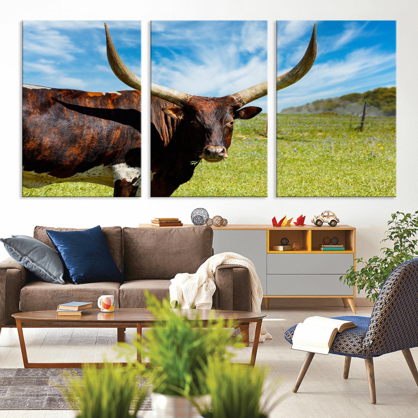 47037-MGV-CV-36X24-Longhorn and Cow Wall Art, Country Cow Wall Decor Canvas Print