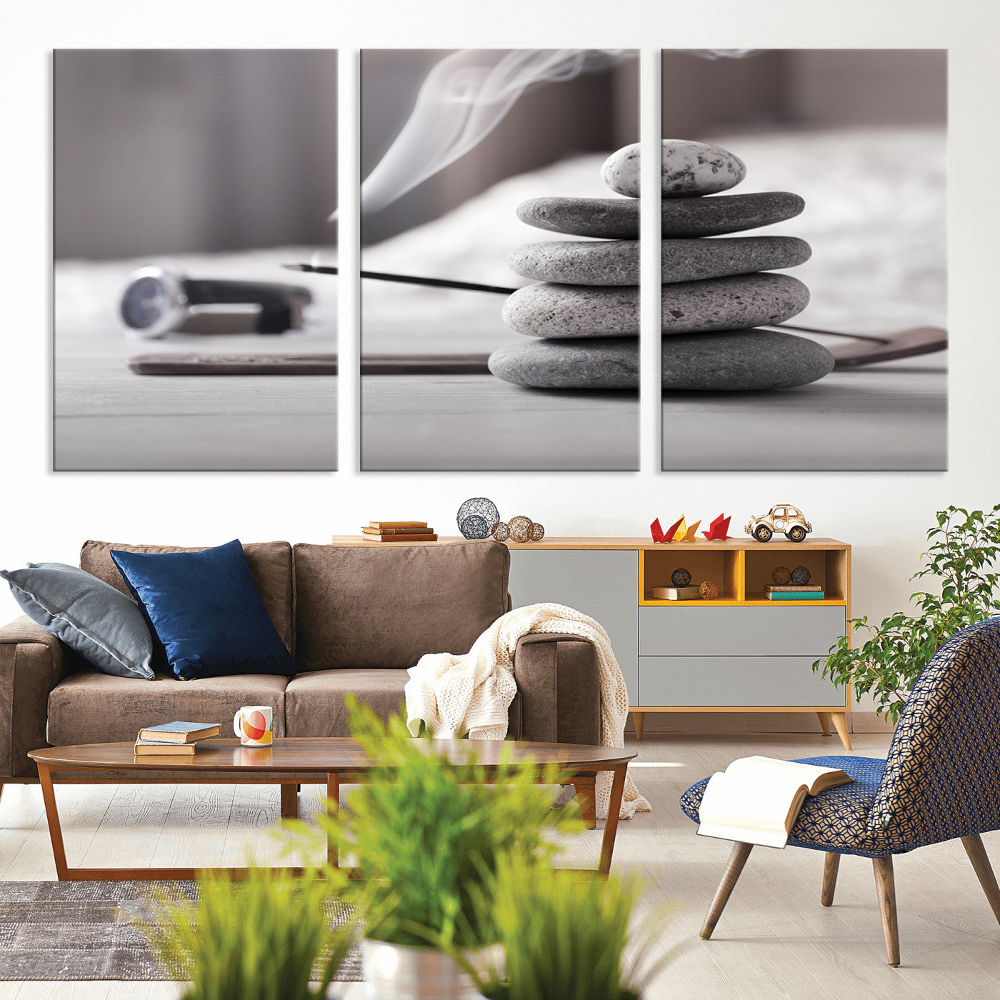 MGV-CV-60X30-3P - Burning Incense and Zen Stones Buddhism Wall Art, Zen Stones Wall Art Canvas Print