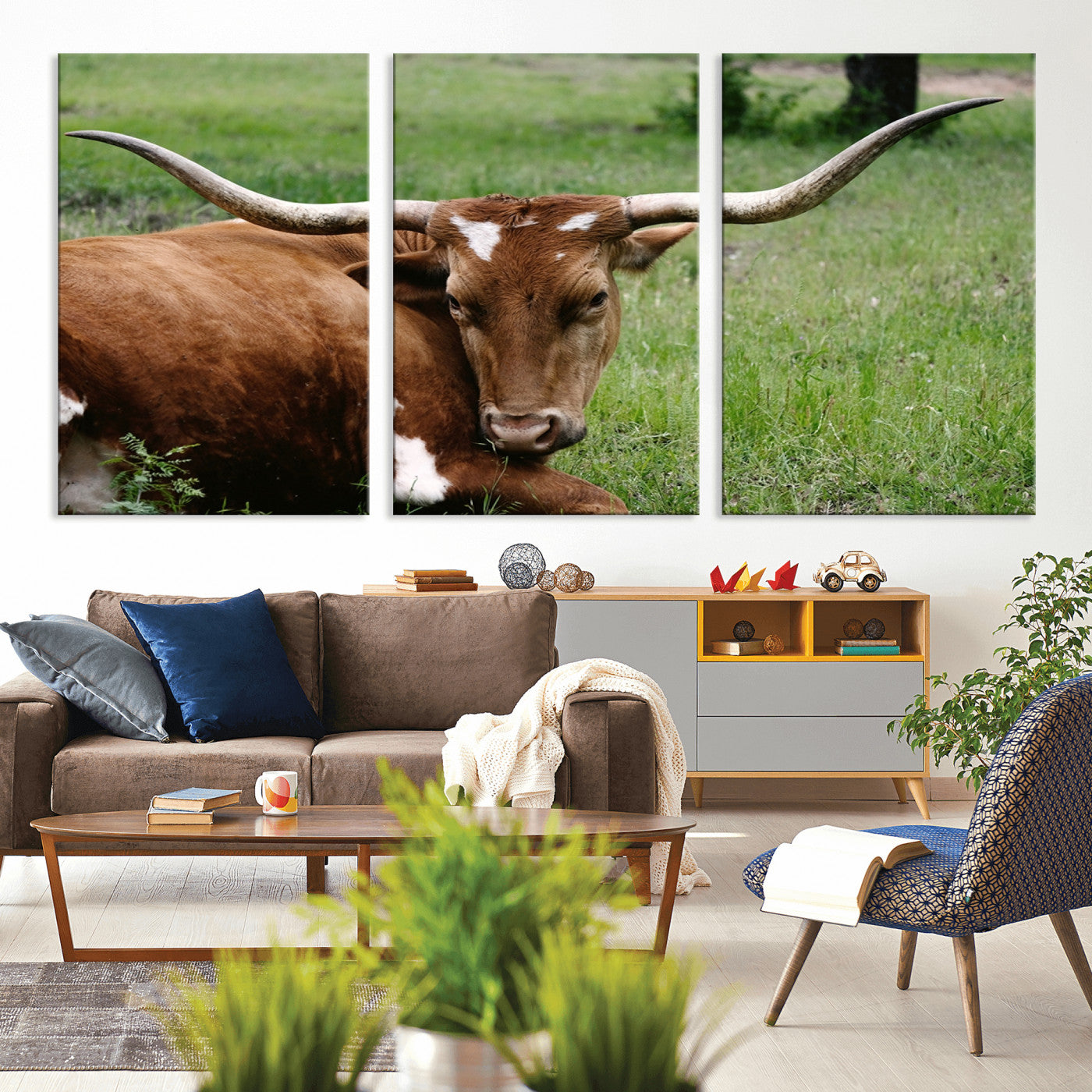MGV-CV-60X30-3P - Longhorn Steer Canvas Wall Art – Rustic Nature Triptych Decor for Living Room or Office – Ready to