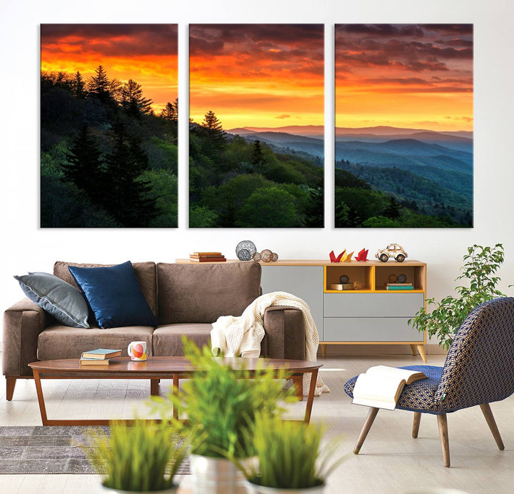 The Great Smoky Mountains Sunset Wall Art, a 3-panel print, beautifully captures natures beauty and is perfect for living room or office decor.