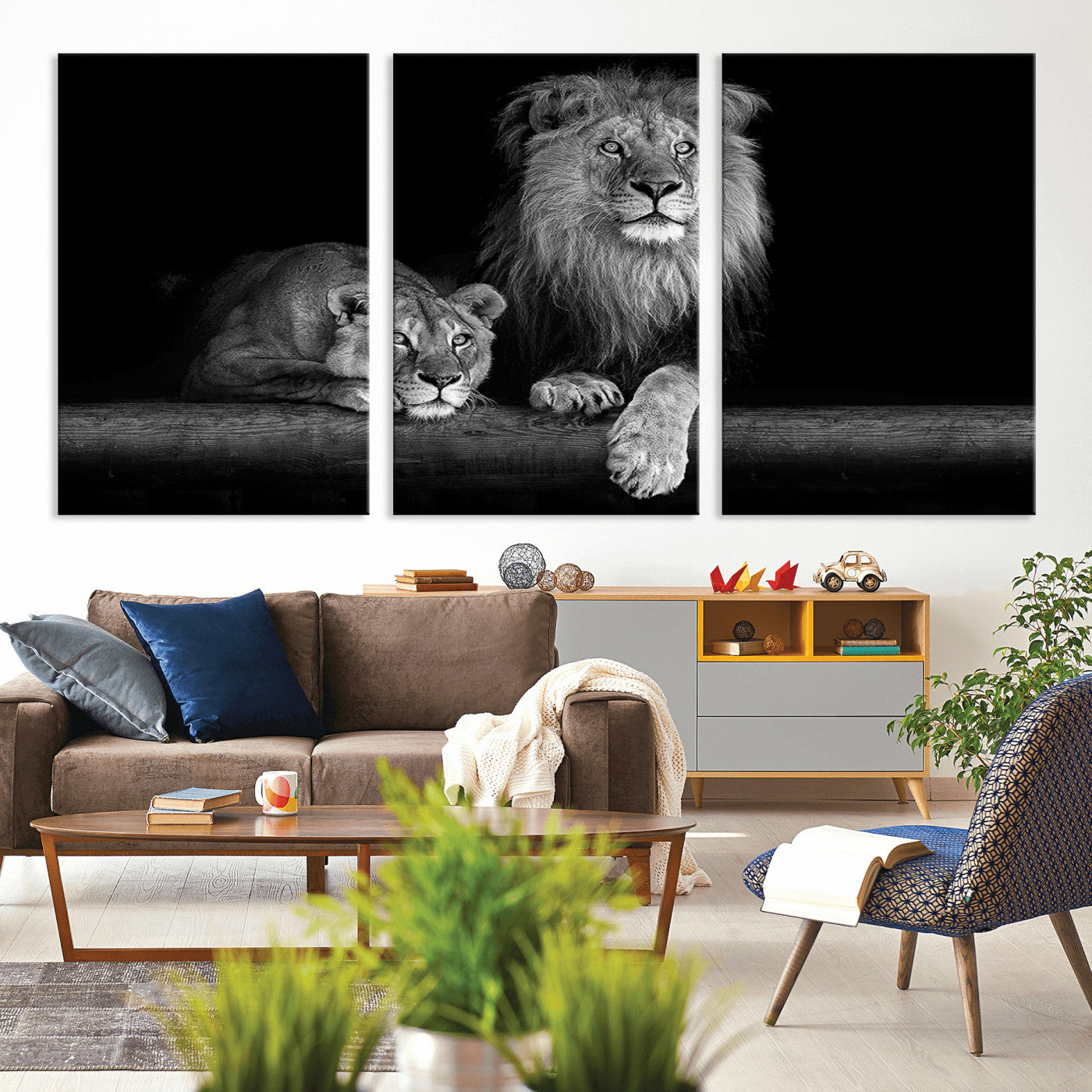 MGV-CV-60X30-3P - Large Black and White Lion Couple Wall Art Canvas Print