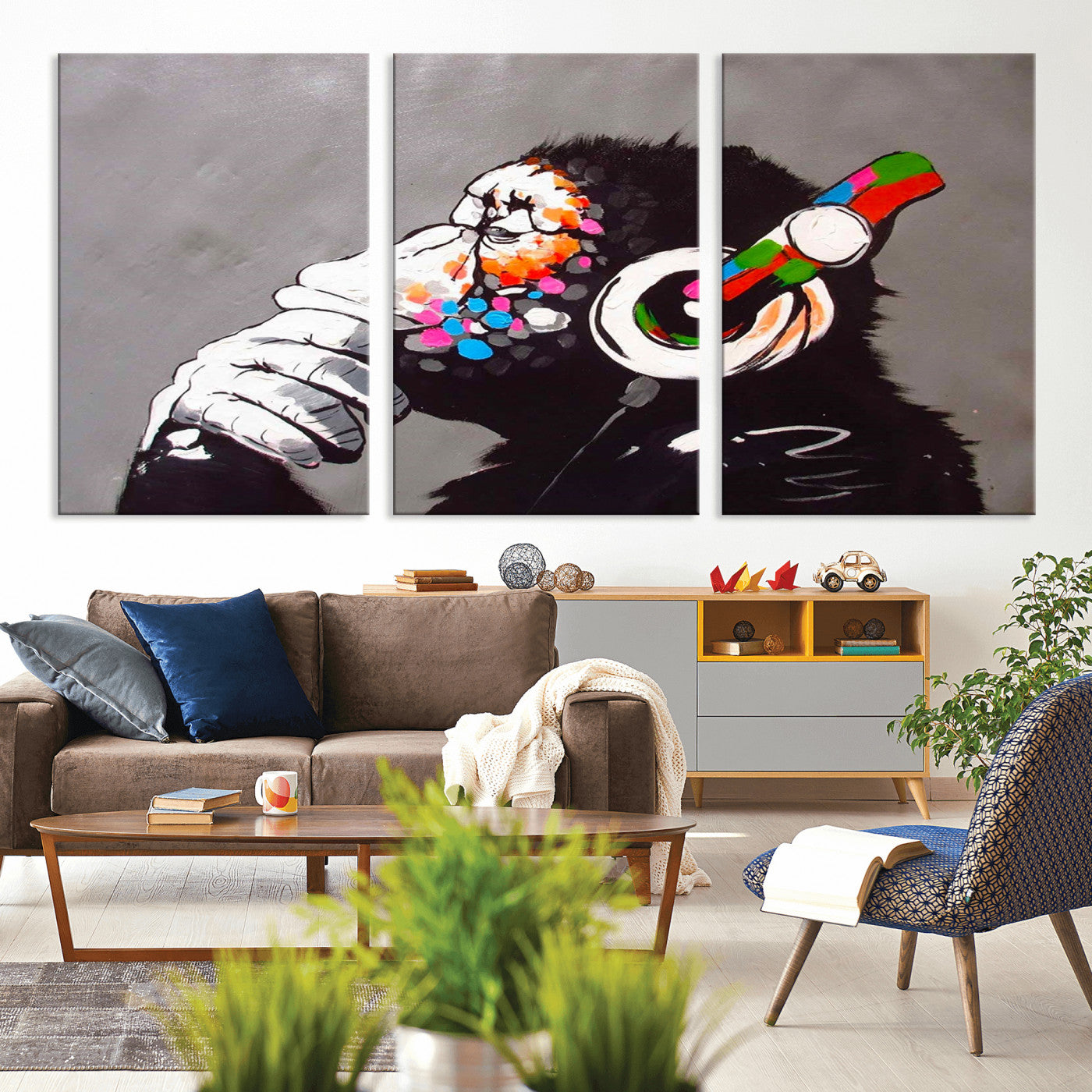 MGV-CV-60X30-3P - Dj Monkey Listening to Music Wall Art Print | Banksy Monkey Large Canvas Print for Living Room,