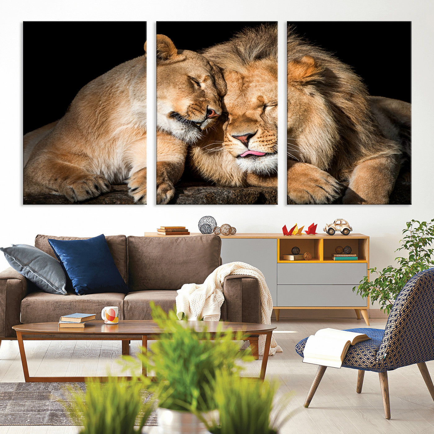 MGV-CV-60X30-3P - Lion and Lioness Wall Art Print Canvas | 3-Panel African Wildlife Canvas Print | Animal-Themed Art