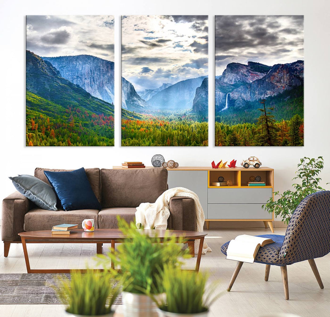 The Yosemite Park Half Dome 3 Panel Canvas Print beautifully captures the enchanting beauty of national parks with its vibrant mountain and forest scene. This large giclée landscape wall art is perfect for living rooms, offices, or bedrooms and comes ready to hang.