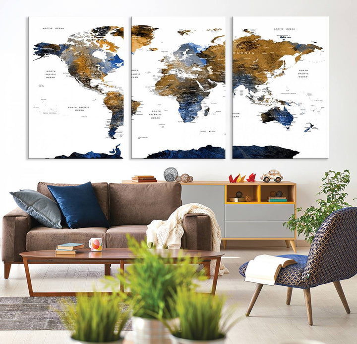 The Triptych Modern World Map Canvas in blue and brown is an ideal global decor piece for enhancing living rooms or offices. It comes ready to hang.