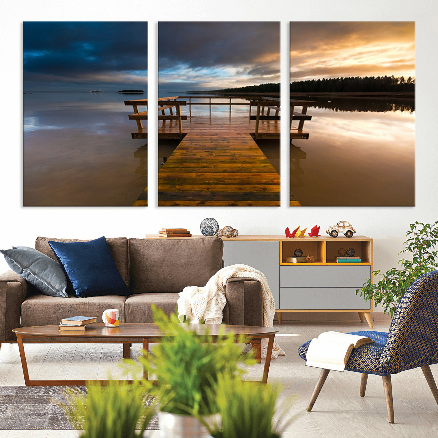 MGV-CV-60X30-3P - Serene Lake Pier at Sunset Canvas Print | Landscape Canvas Print | Ready to Hang and Framed Wall Art