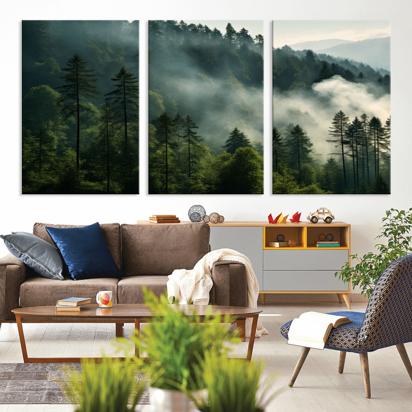 MGV-CV-60X30-3P - Misty Forest Wall Art Premium Canvas Print a Foggy and Serene Atmosphere
