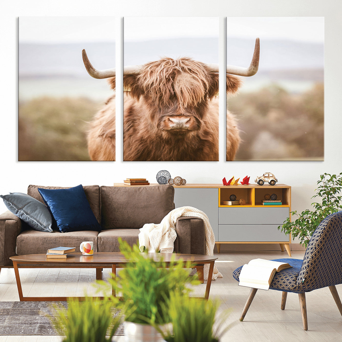 MGV-CV-60X30-3P - Scottish Serene Highland Cow Canvas Wall Art – Serene Highland Cow in Natural Pastel Tones – Ready