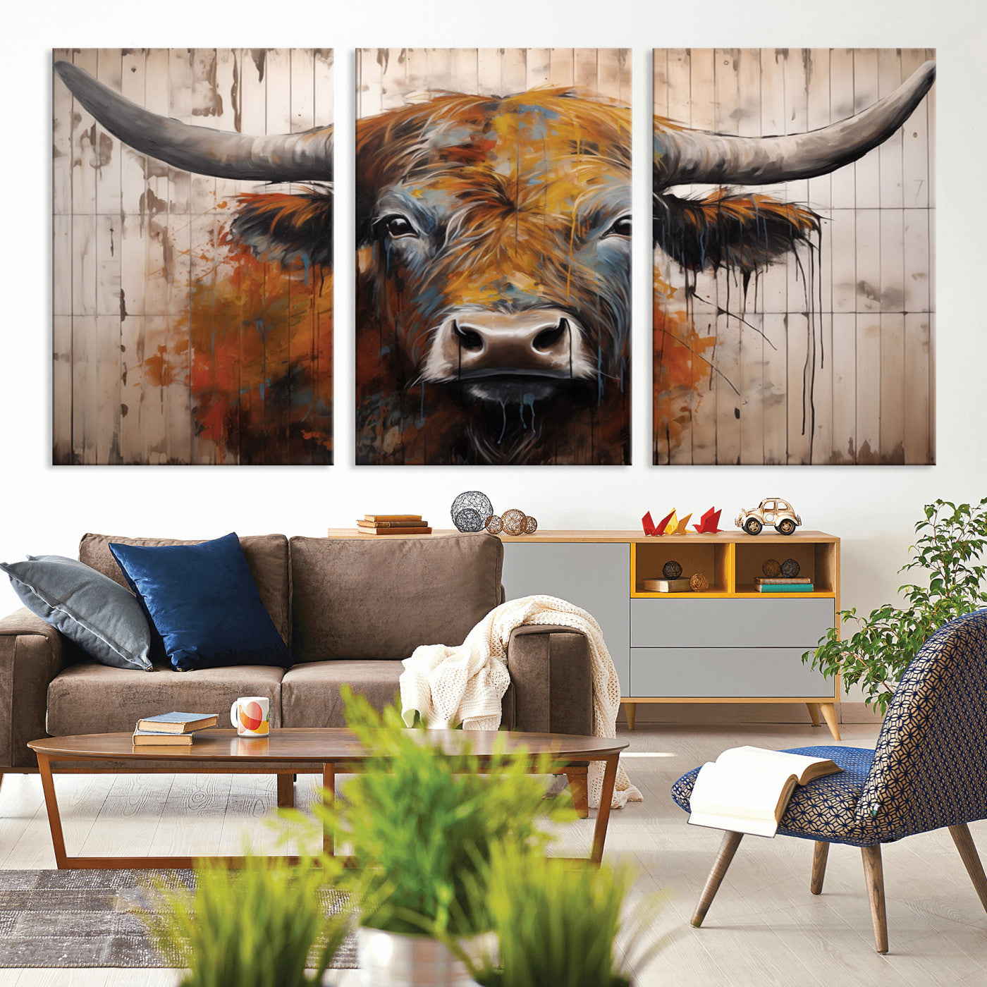 MGV-CV-60X30-3P - Abstract Bull Highland Cow Canvas Wall Art Print – Vibrant Rustic Charm in Modern Farmhouse Decor –