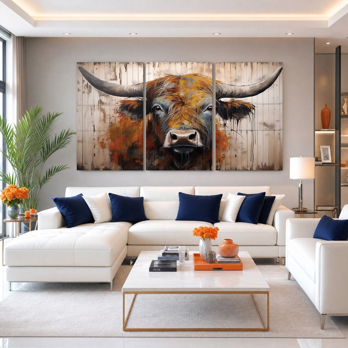 47284-MGV-CV-24X16 - Abstract Bull Highland Cow Canvas Wall Art Print