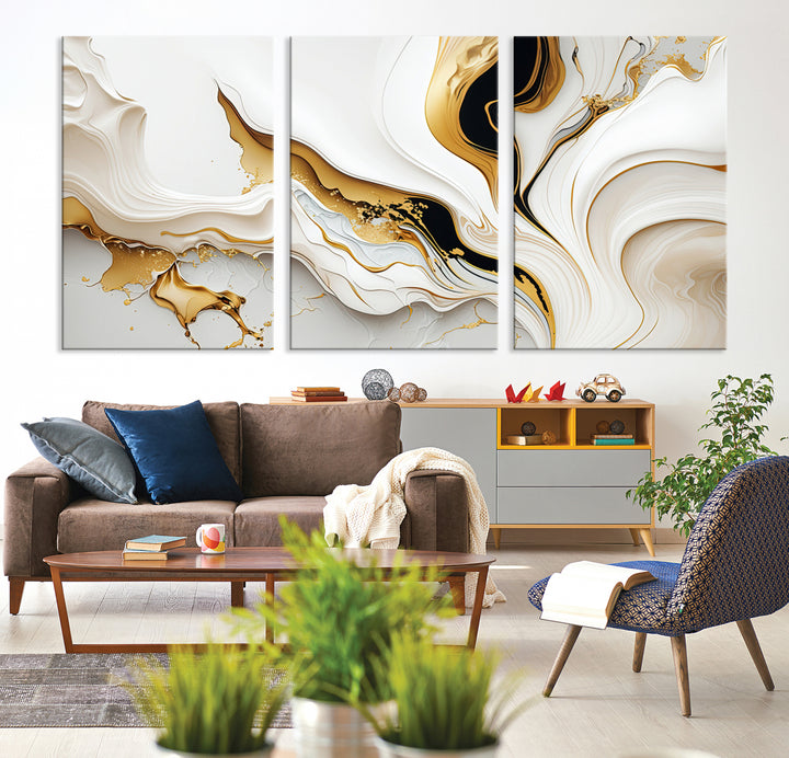 Modern interiors showcase Gold Waves on Pure White Canvas.