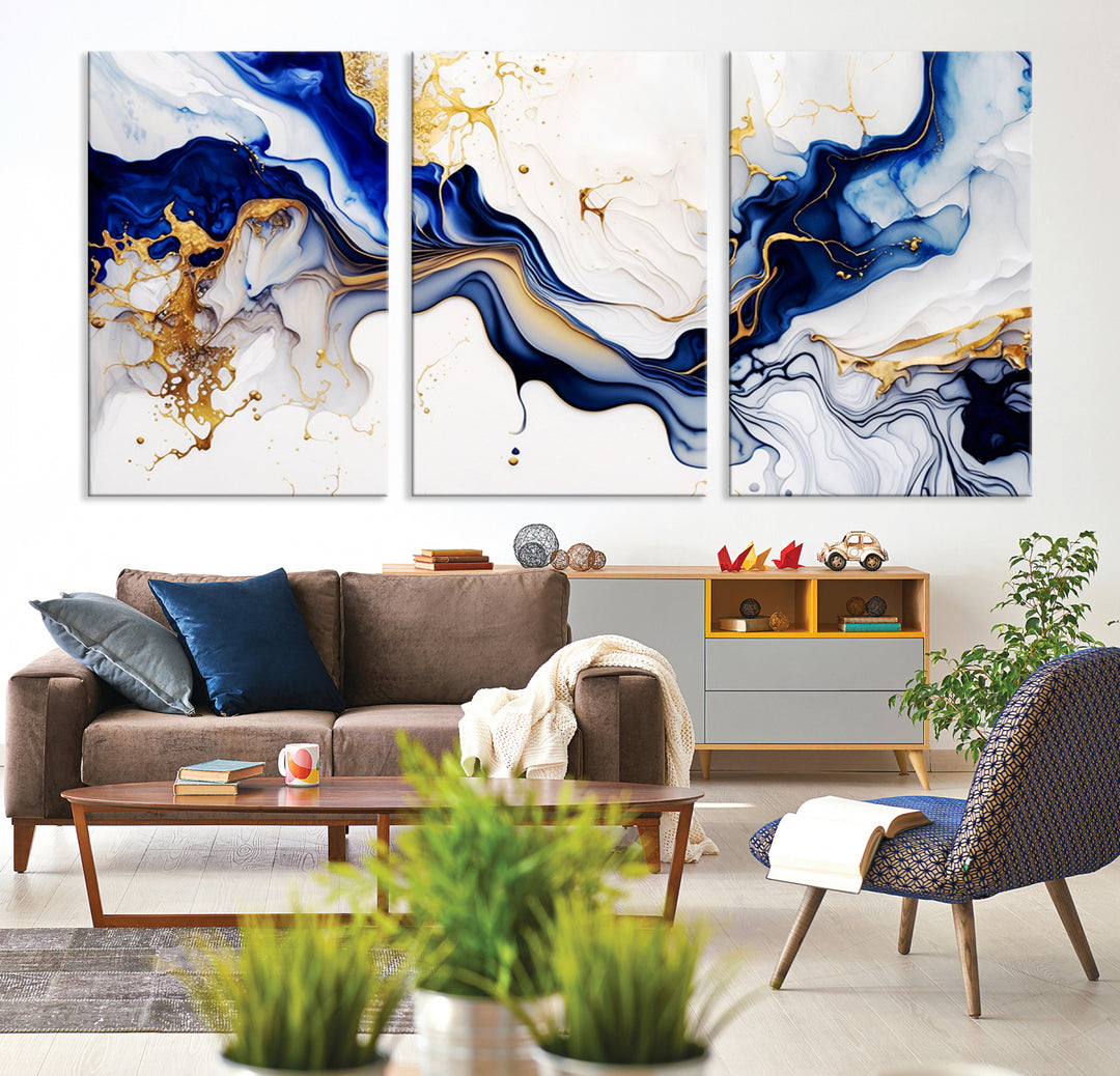 Golden Cascades on Midnight Blue wall art swirls above, featuring gold and white accents.