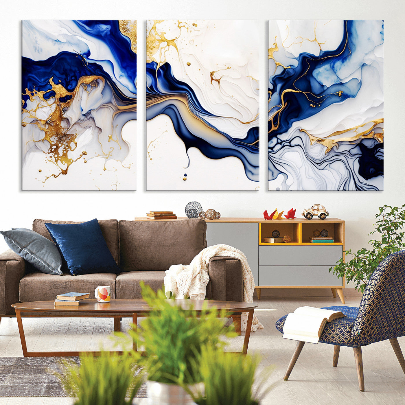 MGV-CV-60X30-3P - Golden Cascades on Midnight Blue – Deep Blue Abstract Wall Art Flowing Elegance | Wall Art Canvas,
