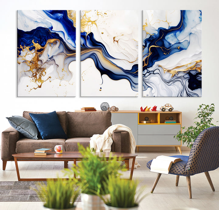 Golden Cascades on Midnight Blue – Abstract Flowing Elegance | Wall Art Canvas, Framed & Ready to Hang