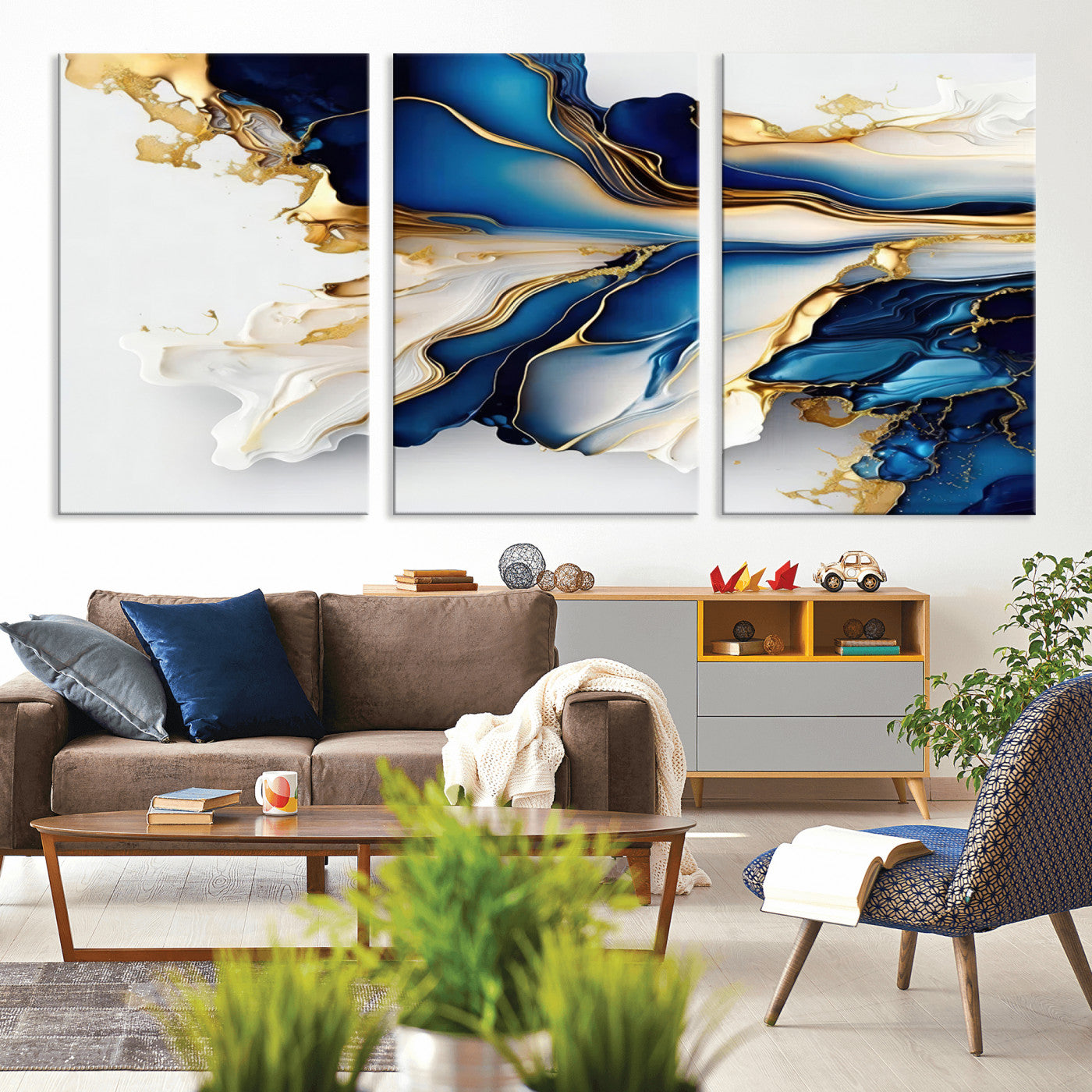MGV-CV-60X30-3P - Gold Marble Art - Abstract Geode Gold And Blue Marble Shape 3 Pieces Wall Art Canvas Print