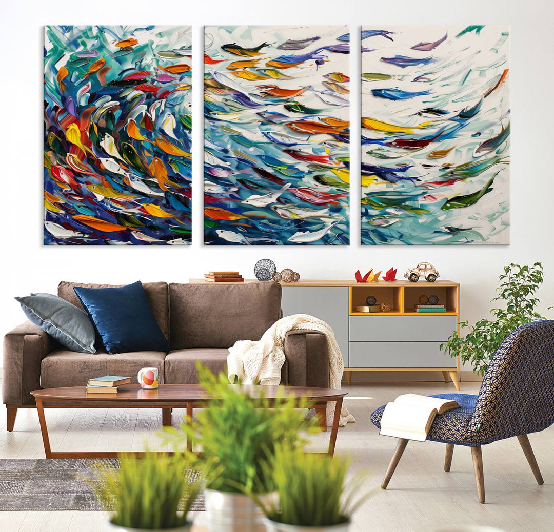 Modern Abstract Fish Shoal Wall Art Canvas Print.