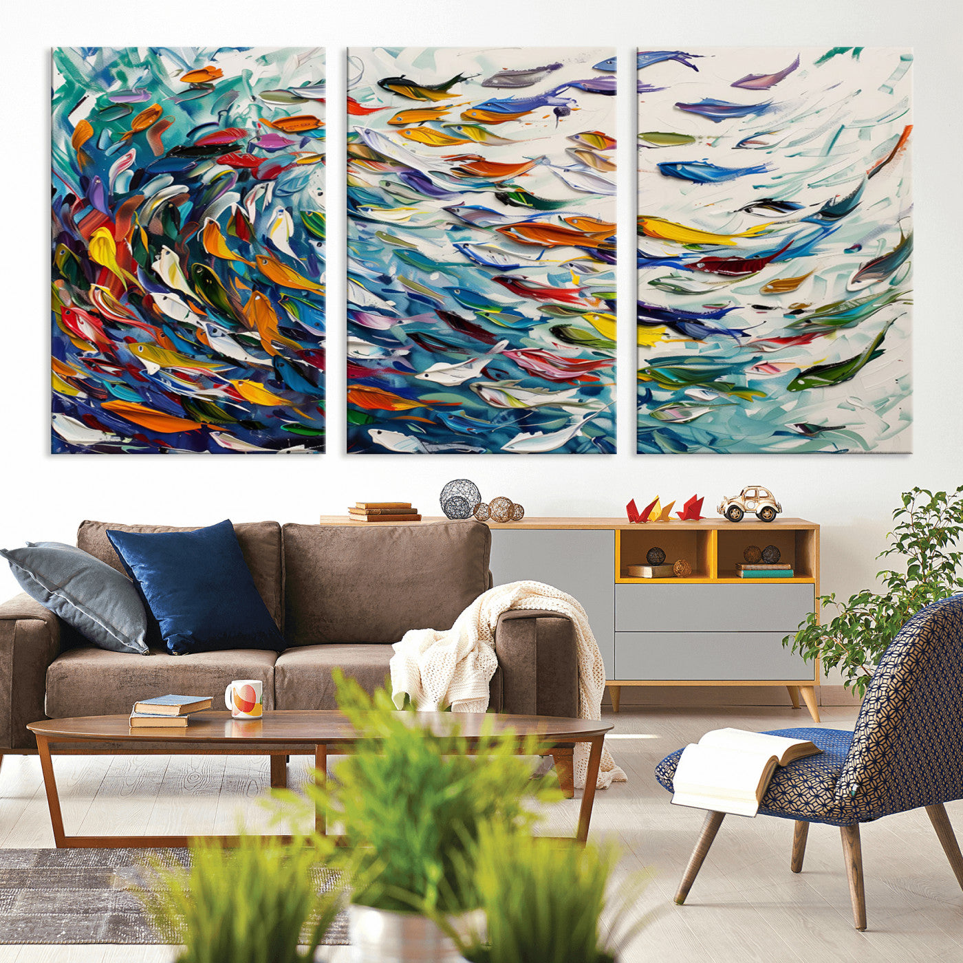 MGV-CV-60X30-3P - Modern Abstract Fish Shoal Wall Art Canvas Print, Colorful Fish Herd Painting on Canvas Print, Ocean