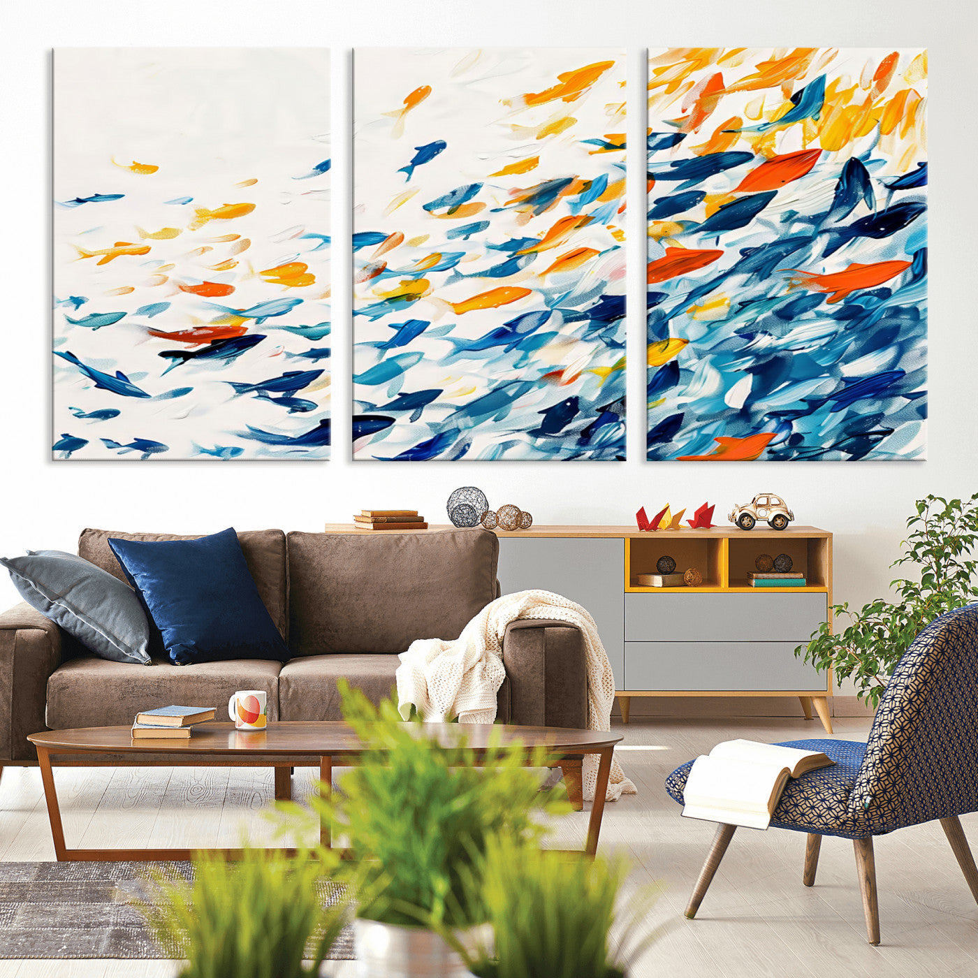 MGV-CV-60X30-3P - Abstract Fish Shoal Wall Art Canvas Print, Colorful Fish Herd Painting on Canvas Print, Ocean Animal