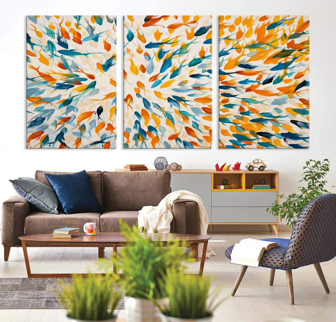 Abstract Fish Shoal Wall Art Canvas Print, Colorful Fish Herd Painting on Canvas Print, Ocean Animal Artwork, Ready to Hang