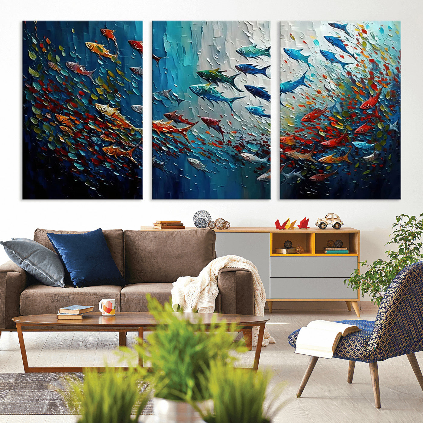 MGV-CV-60X30-3P - Modern Abstract Fish Shoal Wall Art Canvas Print, Colorful Fish Herd Painting on Canvas Print, Ocean