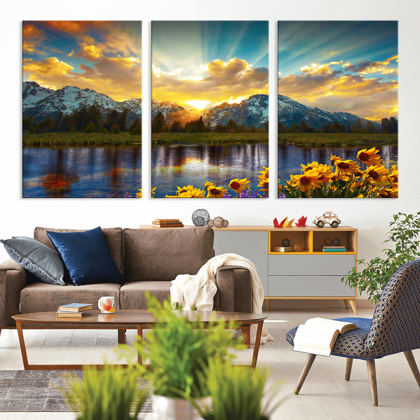 MGV-CV-60X30-3P - Grand Teton Park Amazing Mountain Landscape Sunset Wall Art Canvas Print