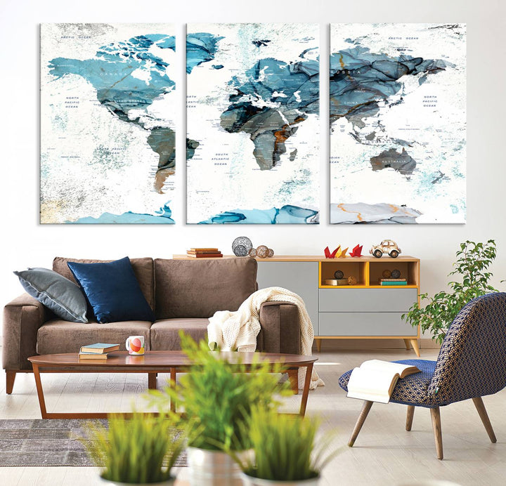 Push Pin World Map Wall Art Canvas Print adds a touch of elegance to the home decor.