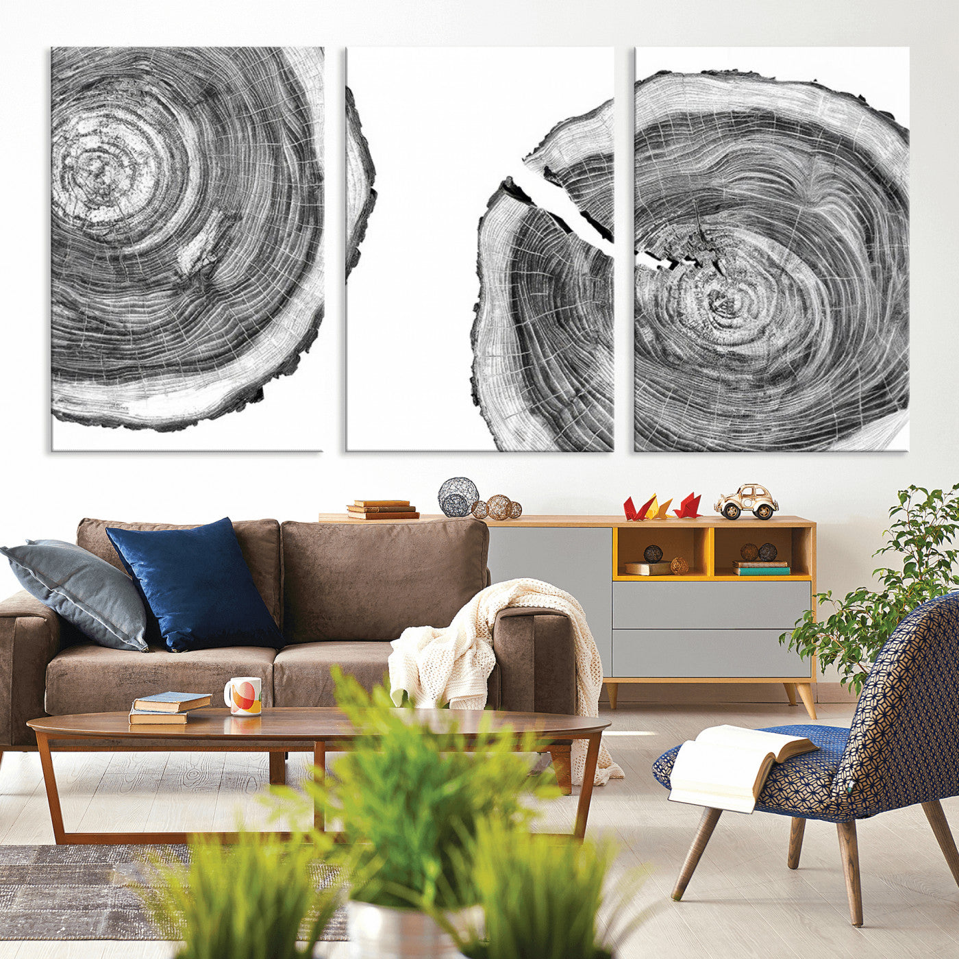 MGV-CV-60X30-3P - Modern Black and White Tree Rings Canvas Wall Art – Nature Inspired Wood Slice Print – Minimalist