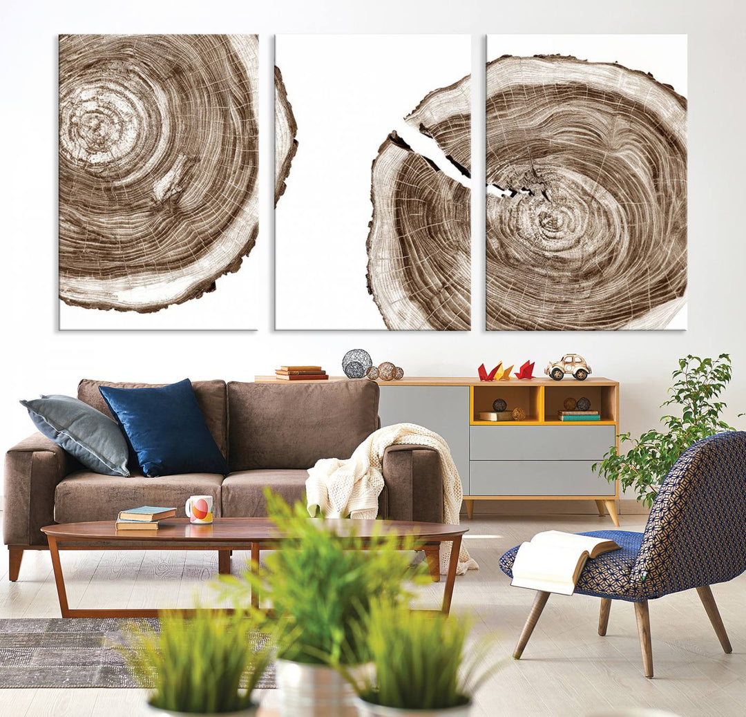 Wood Tree Ring Wall Art on a minimalist black and white canvas.