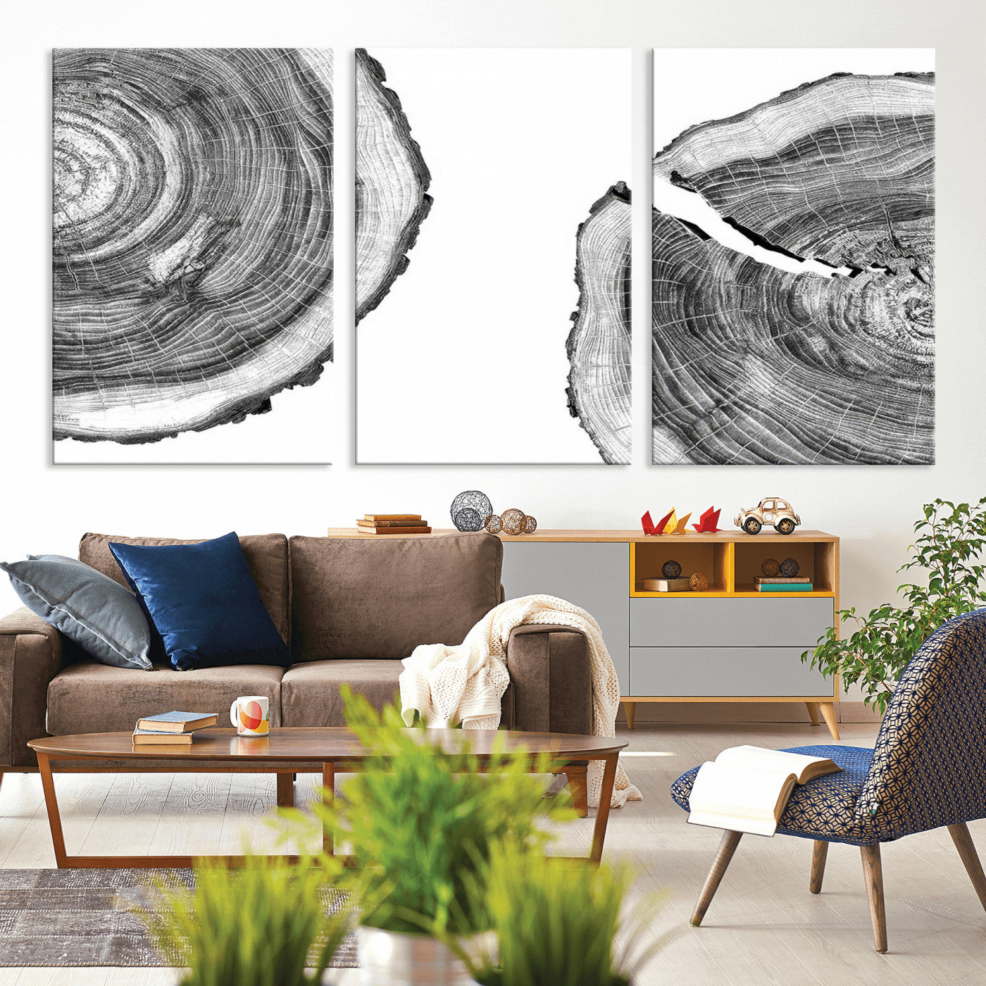 MGV-CV-60X30-3P - Abstract Large Tree Rings – Minimalist Black and White Wood Art | Triptych Canvas, Modern Wall Decor