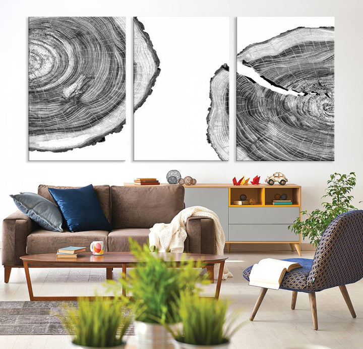 The minimalist art piece Abstract Large Tree Rings on canvas creates a striking focal point.