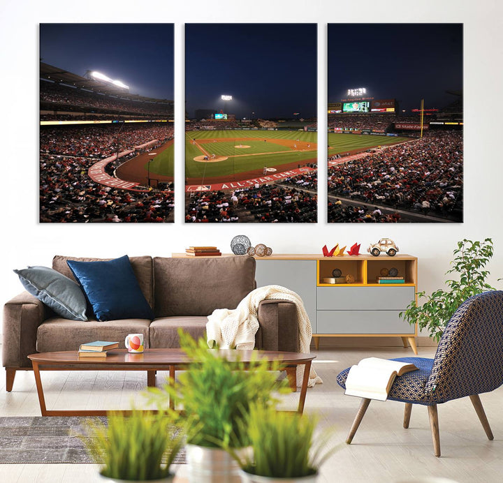 Aerial view of an LA Angels game at night, captured as stunning wall art on premium canvas, handmade in the USA.