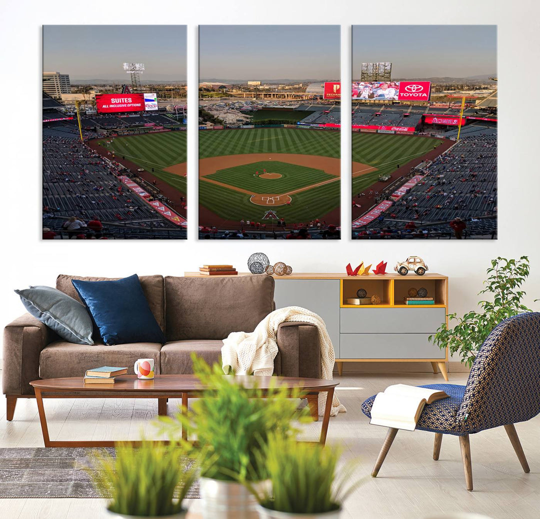 Aerial view of Angel Stadium, perfect as gallery-quality wall art - Los Angeles Angels Canvas Print.