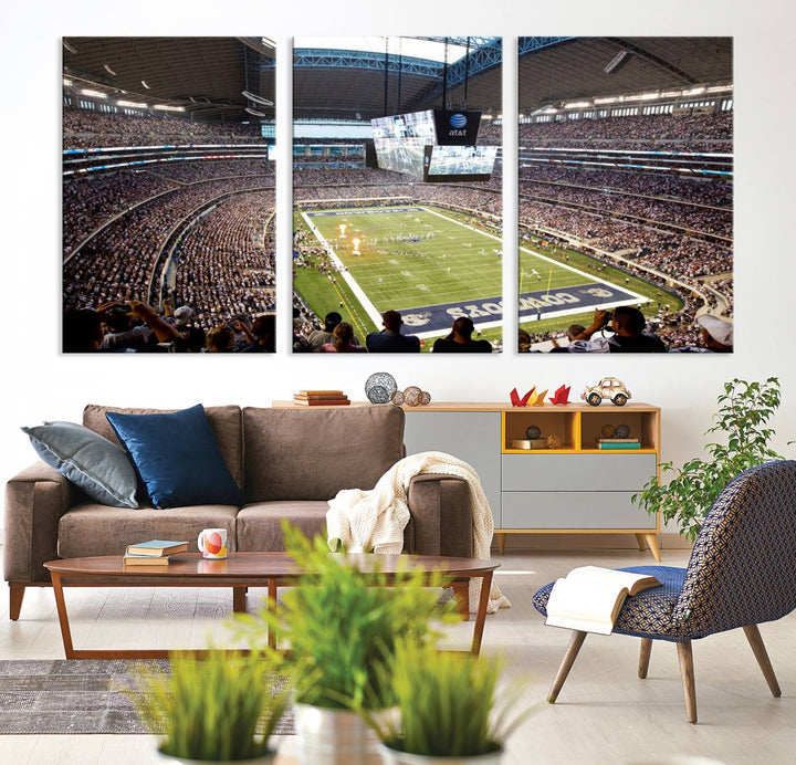 The wall art is a Dallas Cowboys AT&T Stadium Canvas Print, showcasing the iconic logo.