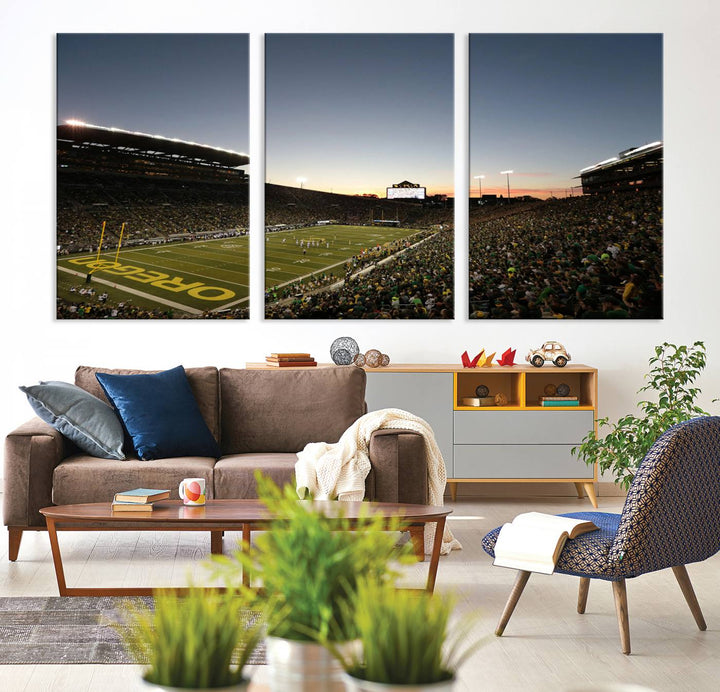 Canvas artwork depicting an Oregon Ducks football game at Autzen Stadium, capturing a sunset and packed stands.