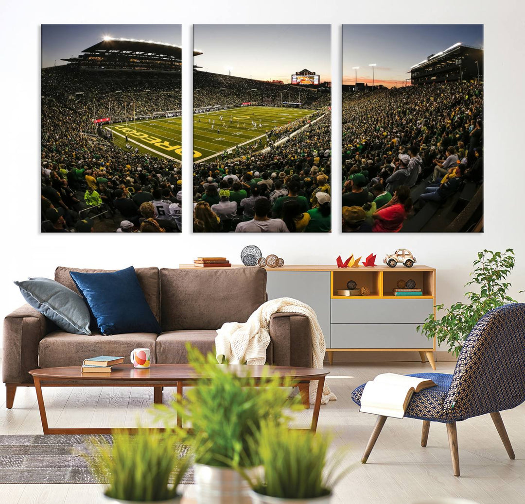 Autzen Stadium Evening Game Triple Canvas Wall Art - Oregon Ducks Football Match