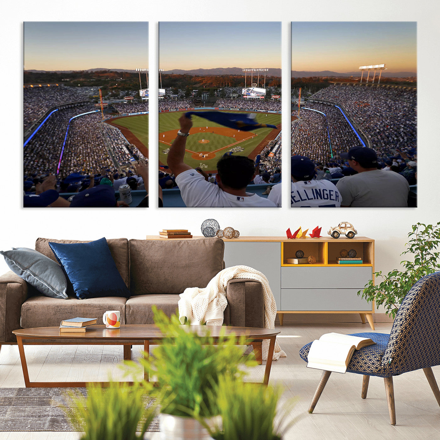 MGV-CV-60X30-3P - Dodger Stadium Sunset Game Triple Canvas Wall Art - Los Angeles Dodgers MLB Match