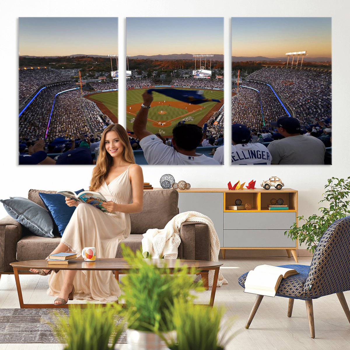 60162-MGV-CV-36X24 - Dodger Stadium Sunset Game Triple Canvas Wall Art, Los Angeles Dodgers MLB Match