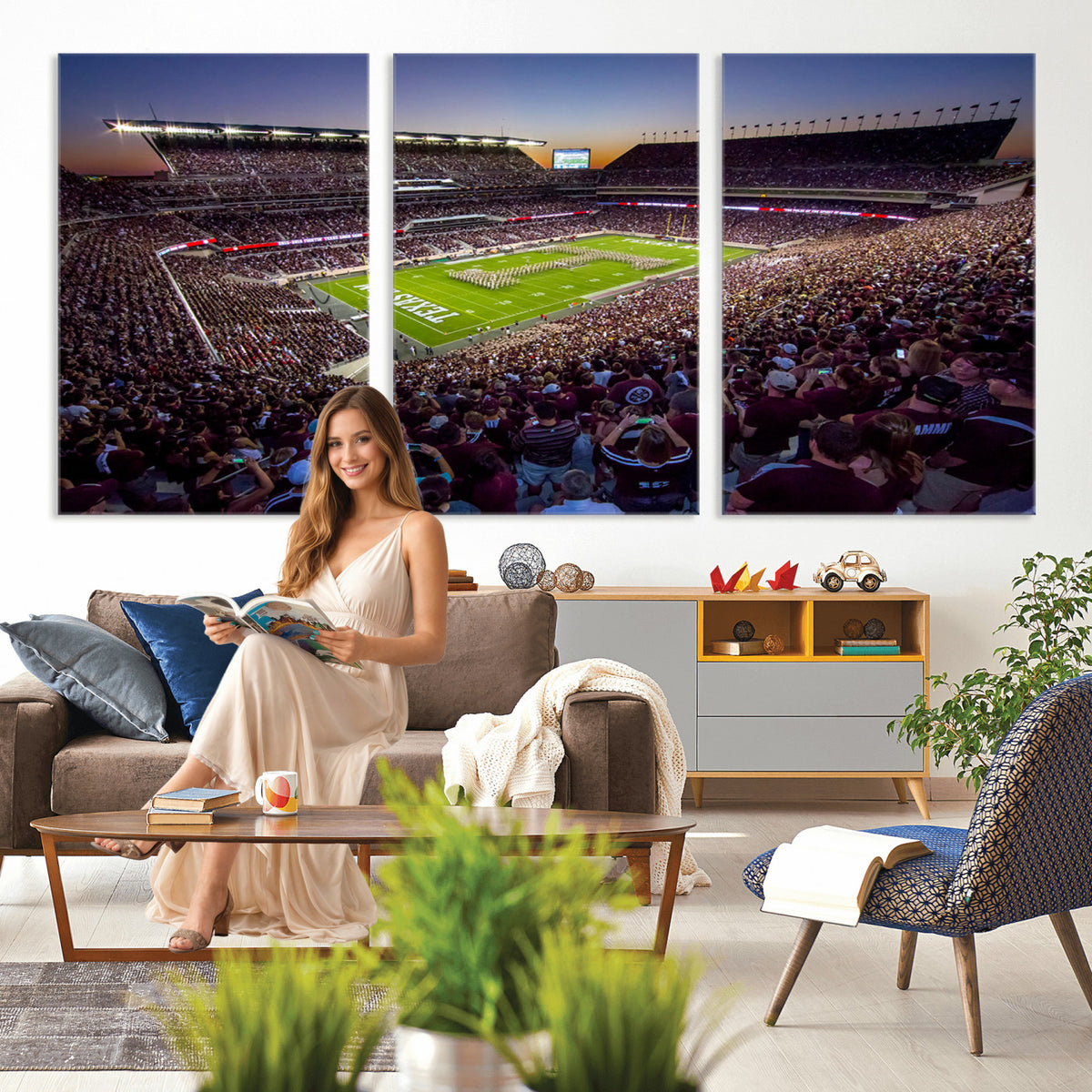 25148-MGV-CV-36X24 - Texas A&M University Aggies Football Team Print, College Station Kyle Field, Framed and Ready to Hang
