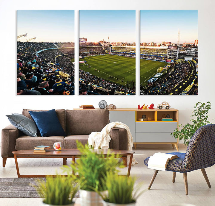 The wall art canvas print vividly captures the dynamic soccer culture at Bombonera Stadium with its vibrant depiction.