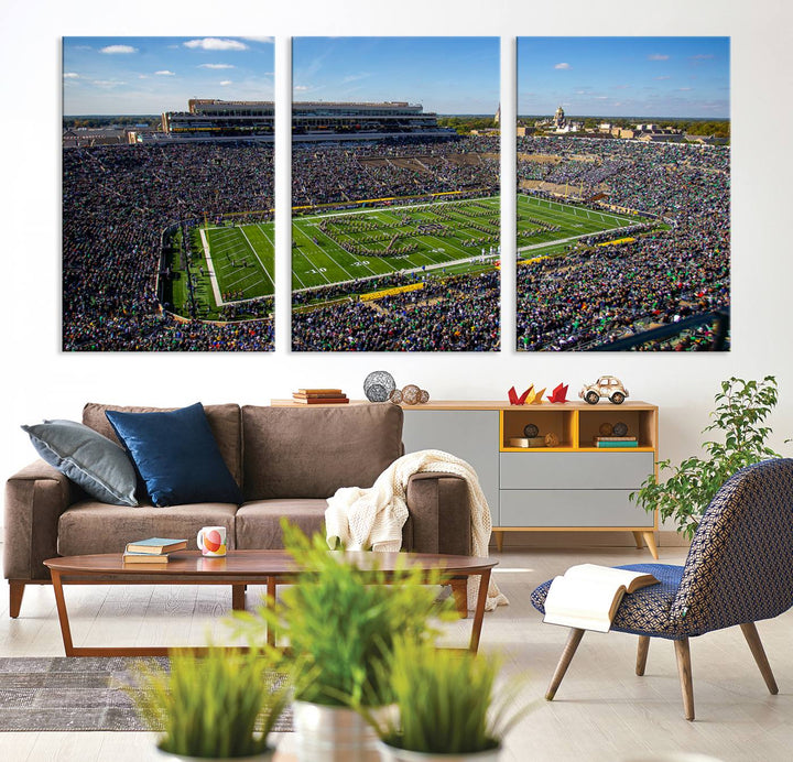 Aerial shot of packed stadium on green; Notre Dame Fighting Irish Stadium Wall Art Canvas Print.