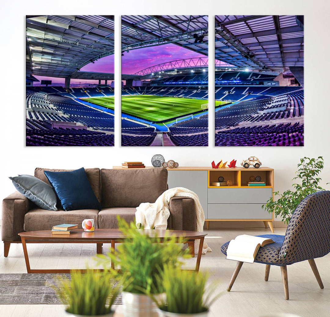 The FC Porto Soccer Team Dragon Stadium Wall Art Canvas Print decorates the room.