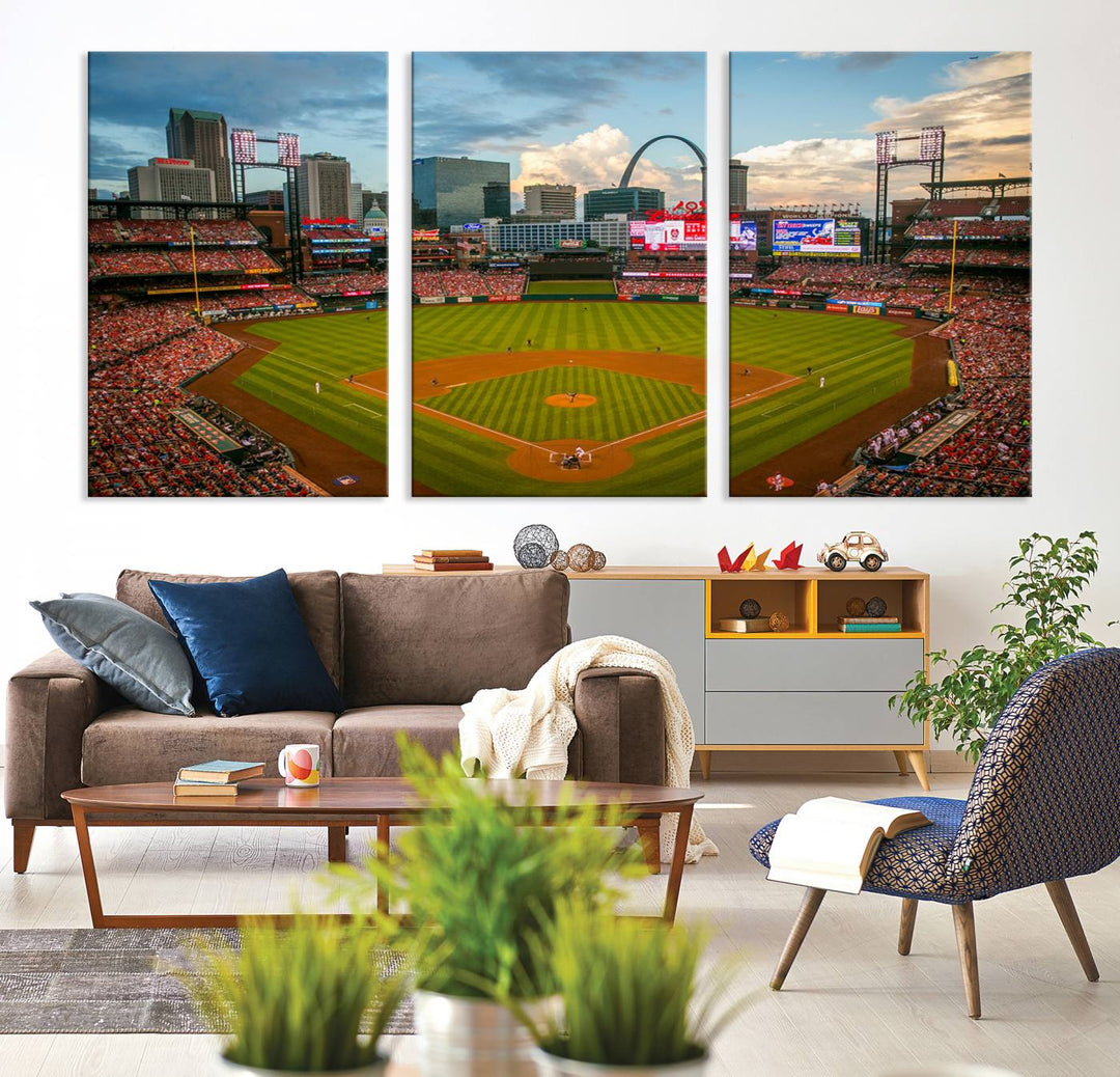 Canvas art of the St. Louis Cardinals Busch Stadium, capturing the citys skyline.