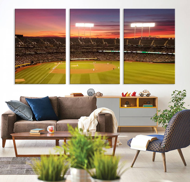 The Oakland Coliseum print is a museum-quality canvas depicting a full crowd and a sunset.