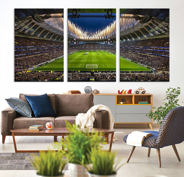 A stunning Tottenham Hotspur Stadium wall art captures the energy of a stadium packed with fans and vibrant lights.