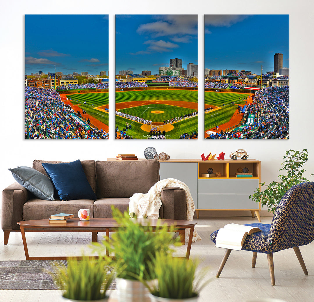 Wrigley Field Chicago Cubs Panoramic 3-Piece Canvas Wall Art - Iconic Baseball Stadium Print for Sports Lovers - Ready to Hang